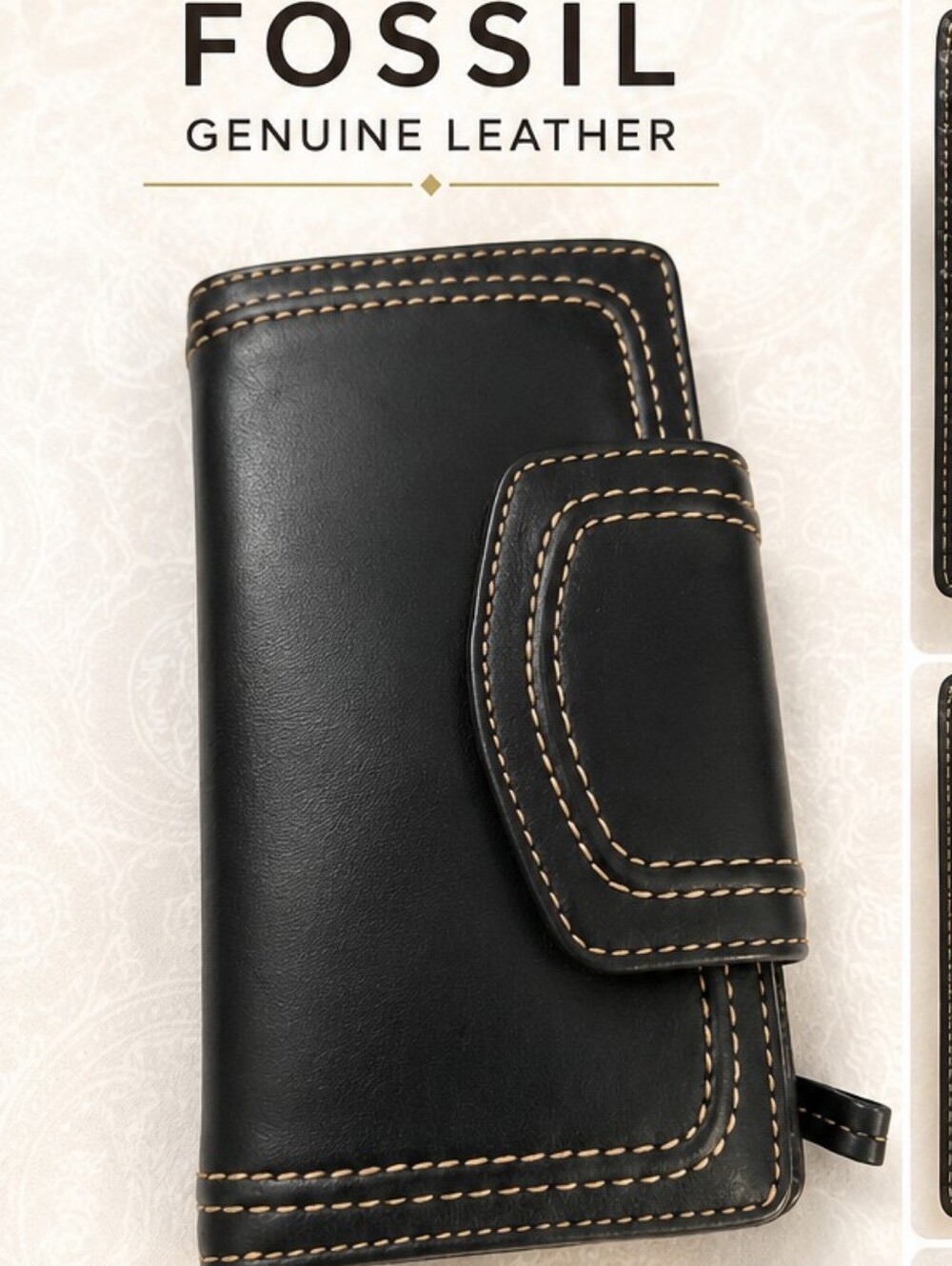 Fossil Genuine Leather Checkbook Wallet Organizer Black Contrast Stitching
